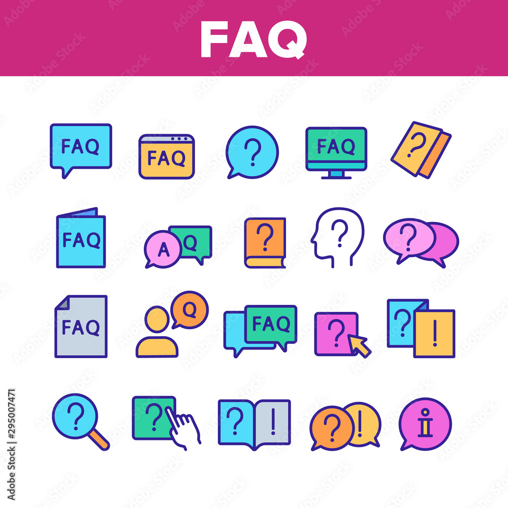 Poster faq frequently asked questions icons set vector thin line. website and word faq in quote frame, excl