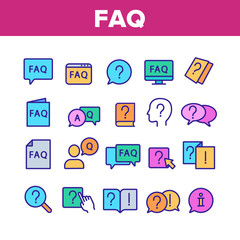 Faq Frequently Asked Questions Icons Set Vector Thin Line. Website And Word Faq In Quote Frame, Exclamation And Information Mark Concept Linear Pictograms. Color Contour Illustrations