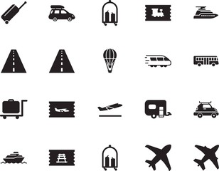 holiday vector icon set such as: departures, tickets, mobile, coach, stop, case, water, wave, lifestyle, airliner, school, caravan, fun, metro, ship, trailer, airways, home, voyage, basket, wagon