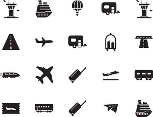 holiday vector icon set such as: subway, public, take, modern, motion, hot, metro, trolley, locomotive, fun, tickets, pass, hotel, airship, airways, departures, art, origami, airliner, briefcase