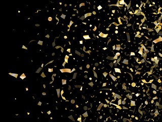 Holiday realistic gold confetti flying on black background.