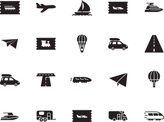 holiday vector icon set such as: sailboat, motorhome, leisure, sport, view, ship, outdoor, traveler, yachting, camp, sky, wind, sea, nautical, regatta, mobile, silhouette, price, jet, wave, minimal