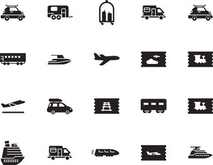 holiday vector icon set such as: liner, airways, hotel, sky, cruiser, ship, rv, subway, outdoor, wave, briefcase, metro, trolley, pictogram, logo, shipping, water, airliner, camp, public, up, cart