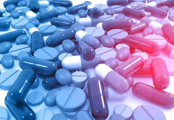 Medical pills and tablets. Medical background. 3d render.