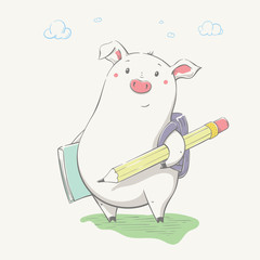 Lovely cute pig with a large pencil, notebook and backpack. Series of school children's card with cartoon style animal. - 295009010