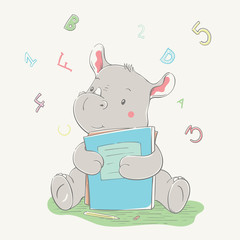 Lovely cute rhino sits and hugs books. Series of school children's card with cartoon style animal.