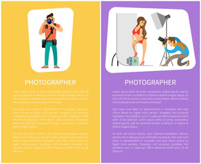 Photographer making photo session of girl in bikini swimwear and professional journalist with tripod and special camera gear equipment vector posters text