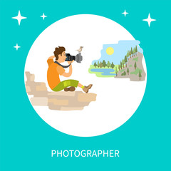 Photographers taking picture with photo equipment. Photojournalist and reporter sitting on stones making photo of mountain landscape vector circle frame