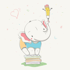 Lovely cute elephant holds a pencil on the trunk while standing on stack of books. Series of school children's card with cartoon style animal.