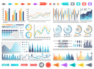 Charts and pie diagrams with numbers information vector. Pointers and schemes data, flowcharts with timelines analysis and results yearly comparison