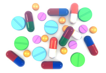 Medical pills and tablets. Medical background. 3d render.