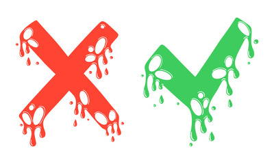 Cross and check marks, X and V icons. No and Yes symbols, vote and decision. Vector image. Cartoon style, liquid dripping.
