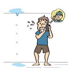 天井からの水漏れに焦って業者に電話している様子