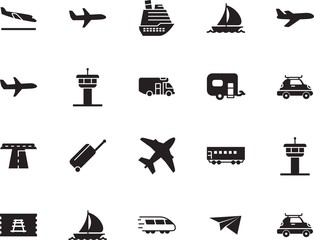holiday vector icon set such as: liner, tour, wing, track, action, wheel, path, view, navigation, arrive, bullet, metal, traveler, cruiser, destination, set, camper, highway, stripe, circle