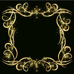 Vector golden frame from wicker and curl lines with sparkles and sparkles on a dark background. Decor for cards and business cards