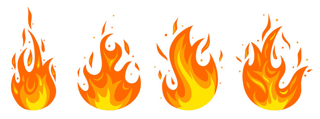 Set of different fires in cartoon style. Collection of red, orange flames. Danger situation and problems concept.