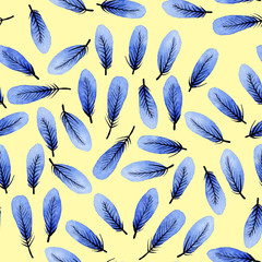 Watercolor feathers seamless pattern. Illustration of blue feathers on the yellow background.