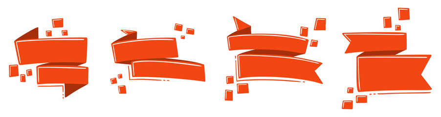 Set of different ribbons in cartoon style. Template for price tag, discount message text, poster. Vector image.