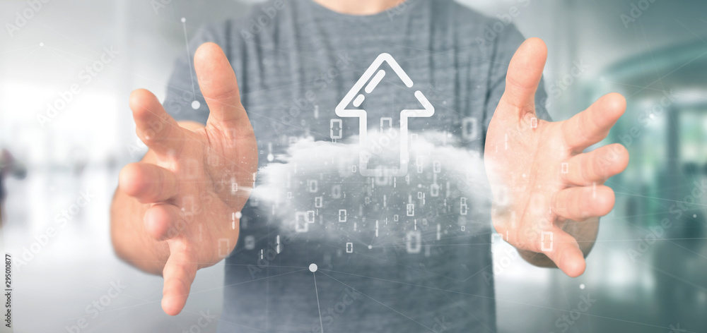 Poster businessman holding a binary cloud with upload internet arrow 3d rendering