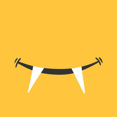 Smile of vampire on yellow background. Cute emotion in cartoon style. Good mood, happiness doodle.