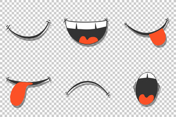 Set of different smiles. Funny and sad, cute emotions in cartoon style. Vector image.