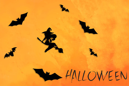  Cut out of black paper bats and a witch on an orange background. Greeting card, background, banner for the holiday Halloween.
