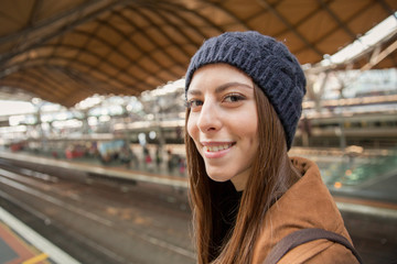 Happy Train Traveler at the Station