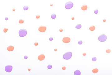 Nail polish drops pattern background in trendy mint and purple colors. Abstract paint circles background for beauty and fashion, copy space