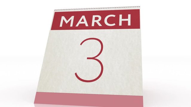 March 3 date. calendar change to March 3 animation