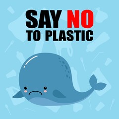 Plastic Pollution in the sea. Ecological blue poster, paper art and digital crafts style. seagull sitting on Flowing Plastic Bottle. Say no to plastic