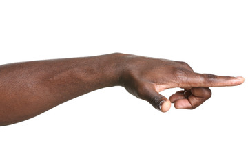 Hand of African-American man pointing at something on white background
