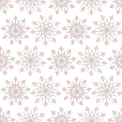 Fototapeta na wymiar Simple bohemian Christmas lace snowflakes vector seamless pattern on white background for fabric, wallpaper, scrapooking projects for the winter Holidays.