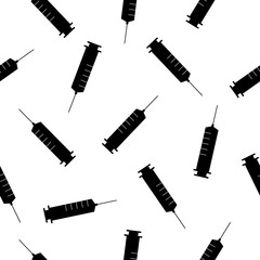 Black Syringe icon isolated seamless pattern on white background. Syringe for vaccine, vaccination, injection, flu shot. Medical equipment illustration.