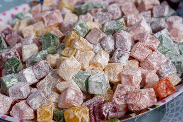 Sweets marmalade, turkish delight, bright multi-colored confectionery, close up. Background candied colorful fruit