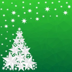 Pattern for Merry Christmas and Happy New Year made of triangles.  Green polygon background with balls and Christmas tree made of stars.