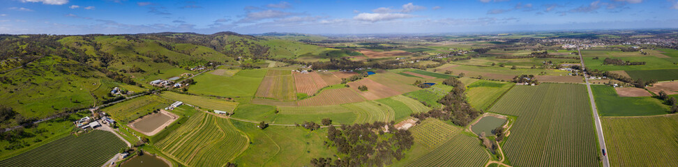 Panoramic aerial view towards Tununda in the famous wine growing Barossa Valley region; many...