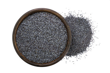 Poppy seeds in bowl over white background