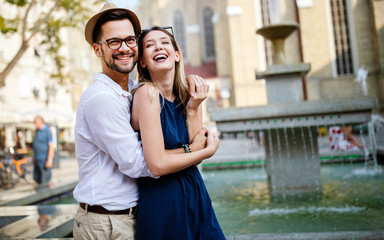 Fototapeta premium Happy romantic couple in love having fun outdoor in summer day