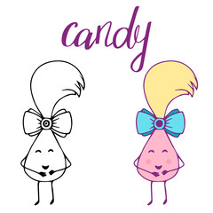Kawaii style, cartoon character of candy. Coloring book. Vector illustration of sweet. Doodle style, colorful sketch with handwritten lettering.