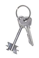 pair of door keys on keyring isolated on white