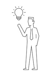 Businessman has an idea pointing at light bulb. Editable stroke