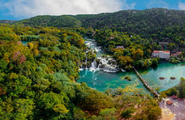 Panoramic Aerial View of Krka Waterfalls in National Park. Beautiful Skradinski Buk Waterfall In Krka National Park - Dalmatia Croatia, Europe