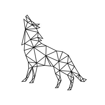 Industrial black geometric contour of a howling wolf on a white background. Modern subject minimalism in the style of trigonometry.