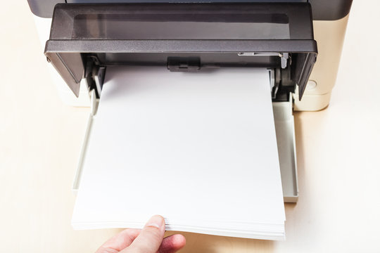 putting of white paper sheets in printer tray