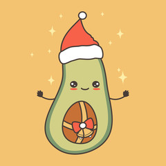 cute cartoon character avocado christmas with santa hat funny vector illustration for greeting card
