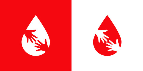 Símbolo donación de sangre. Logotipo con gota de sangre con dos manos espacio negativo en fondo rojo y fondo blanco