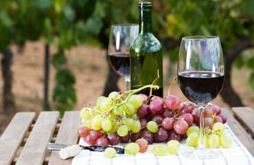glass of red wine and ripe grapes on table