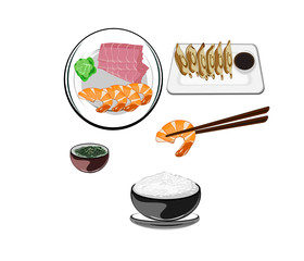 raw fish sashimi,shrimp, fried wonton, rice, seaweed salad,Japanese set meal,