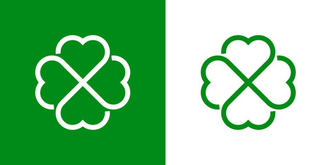 Logotipo con trebol lineal con 4 hojas en verde y blanco - obrazy, fototapety, plakaty