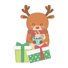 reindeer holding chocolate cup and gifts decoration merry christmas